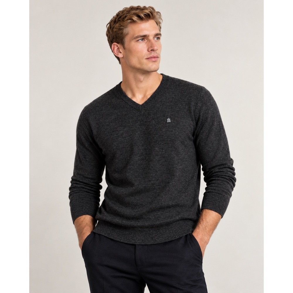 French Connection Mens V-Neck Sweater Charcoal Grey Marl Logo Knit Size M